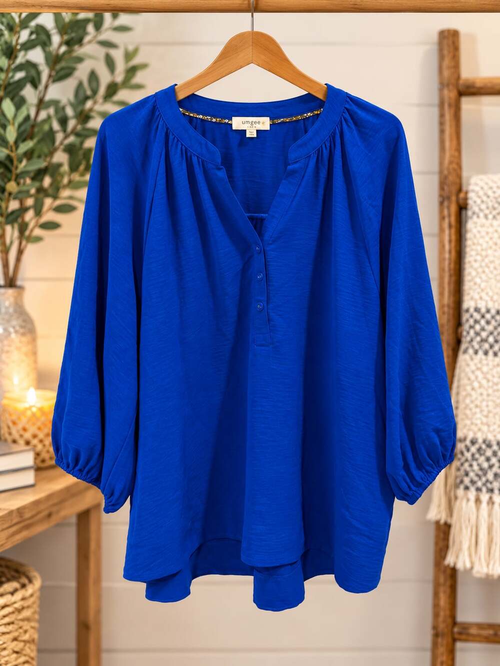 NWOT Umgee Blouse Size XL Blue Polyester Popover Tunic Top